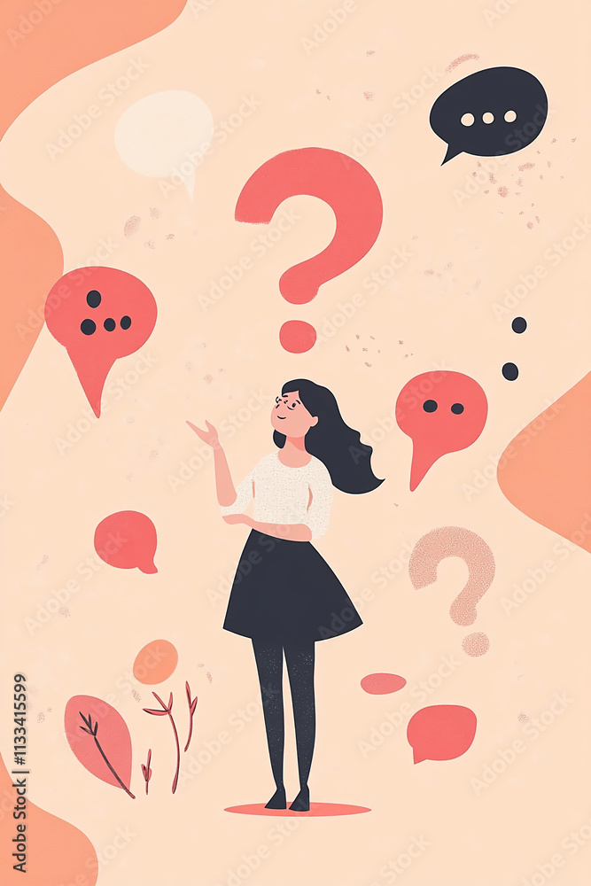 Poster woman surrounded by speech bubbles pondering thoughts in an abstract setting