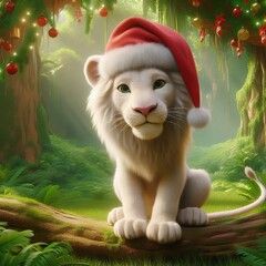 Un leon blanco en la selva con gorro navideño 