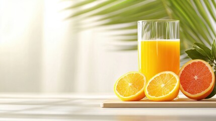 Obraz premium Glass of orange juice with fresh oranges and a grapefruit on a wooden board, with a palm leaf in the background