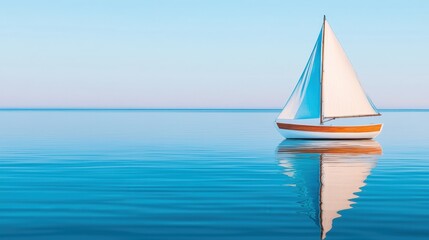 Fototapeta premium Watercolor texture and vibrancy, A serene image of a sailboat gliding across calm waters, reflecting the clear blue sky, evoking tranquility and peace.