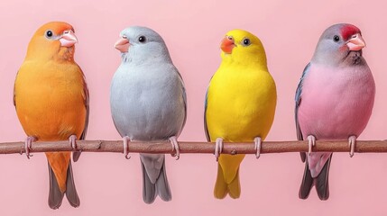 Naklejka premium Watercolor texture and vibrancy, Four colorful birds perched on a branch against a pastel pink background, showcasing their vibrant plumage and friendly demeanor.