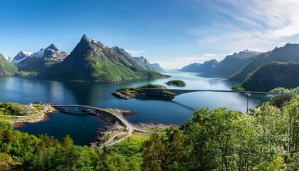 scenic panoramic view of a serene fjord featuring two islands connected by a bridge amidst lush green landscapes and majestic mountains