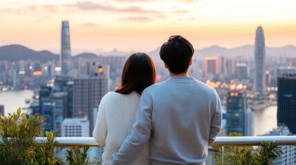 Couple standing on a balcony, embracing and looking out over a cityscape during sunset
