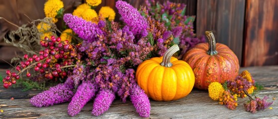 Vibrant Autumn Still Life with Pumpkins and Purple Flowers