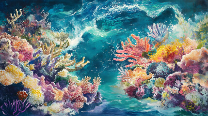 Obraz premium Vibrant underwater scene showcasing a diverse array of coral in a turquoise ocean. The painting captures the beauty and complexity of the ocean's ecosystem.