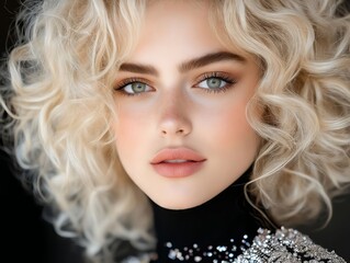 A woman with blonde curly hair and blue eyes