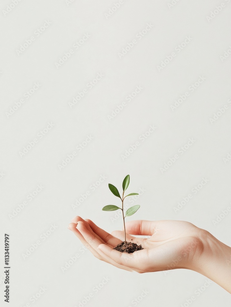 Poster a small seedling with tender leaves is cradled in hands that support its growth, symbolizing care an