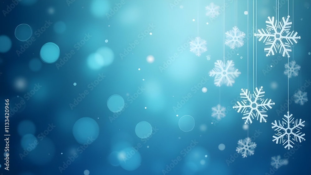 Poster a serene winter scene with delicate snowflakes suspended against a backdrop of shimmering blue bokeh