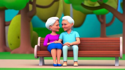 3D cartoon animation characters of adorable senior retired couple sitting romantically in park bench on a spring day