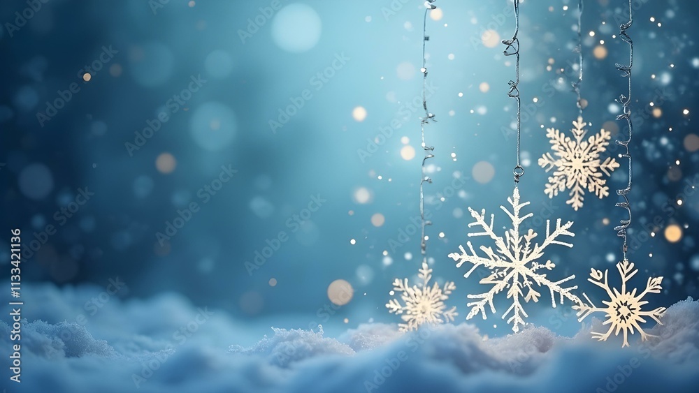 Poster a serene winter scene with delicate snowflakes suspended against a backdrop of shimmering blue bokeh