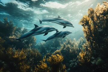 Fototapeta premium Three dolphins gracefully swim through a vibrant underwater kelp forest, bathed in sunlight.