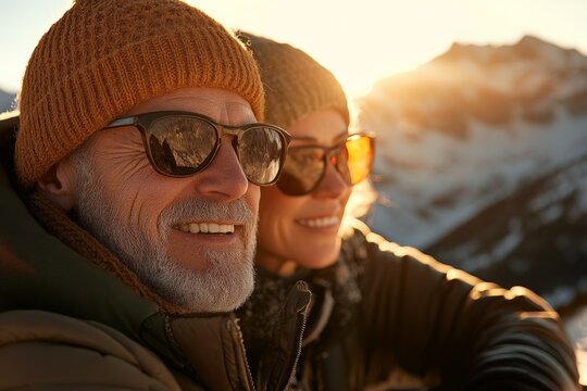 Couple enjoying a sunset in the mountains while wearing cozy winter clothing and sunglasses