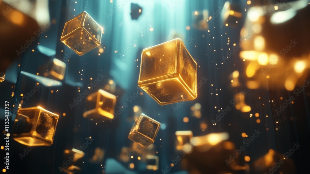 Poster Golden cubes resembling gemstones float gracefully in an enchanting underwater setting. Light filters through the water, creating an ethereal atmosphere filled with shimmering particles.