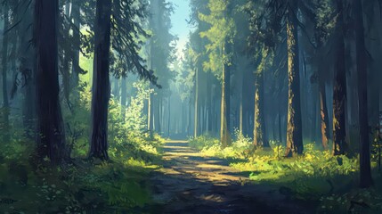 Obraz premium Sunlit path through a dense, mystical forest with tall trees and lush greenery.