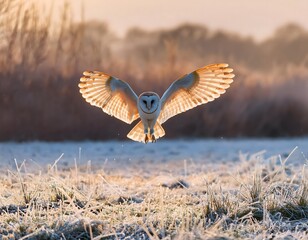 Fototapeta premium Barn owl flying low over a frosty field, wings wide open, with a misty winter morning glow