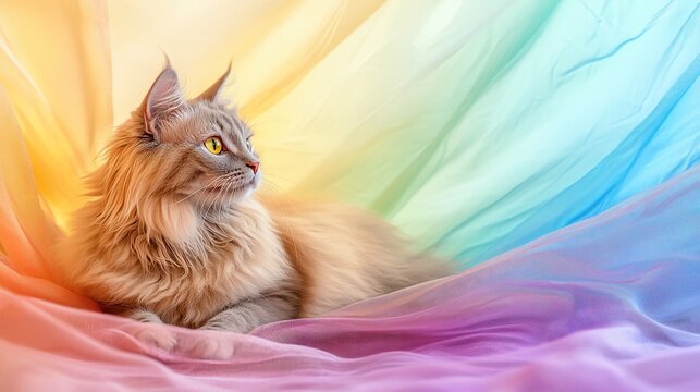 Fluffy grey cat resting on colorful fabric.