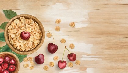 A bowl of cereal with a heart-shaped cherry on top, surrounded by scattered cherries and cereal flakes on a wooden surface.