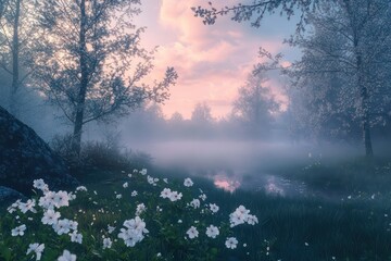 A misty forest edge with dewy grass and white blossoms, under a soft morning sky of pink and blue.