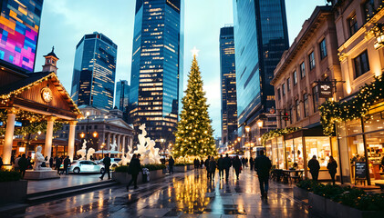 Illuminated City Plaza With Large Christmas Tree And Festive Lights