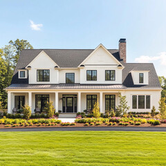 Fototapeta premium Luxurious Farmhouse Exterior White Brick Black Windows Green Lawn