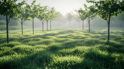 Obraz premium A misty meadow with lush green grass and young trees on the horizon, with the early morning sun casting long shadows.