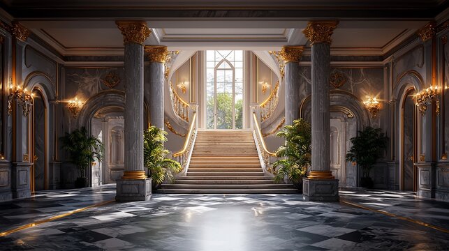 Grand hall with marble staircase and golden accents.