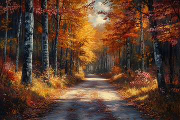 Obraz premium A serene path through a forest filled with vibrant autumn leaves and soft sunlight