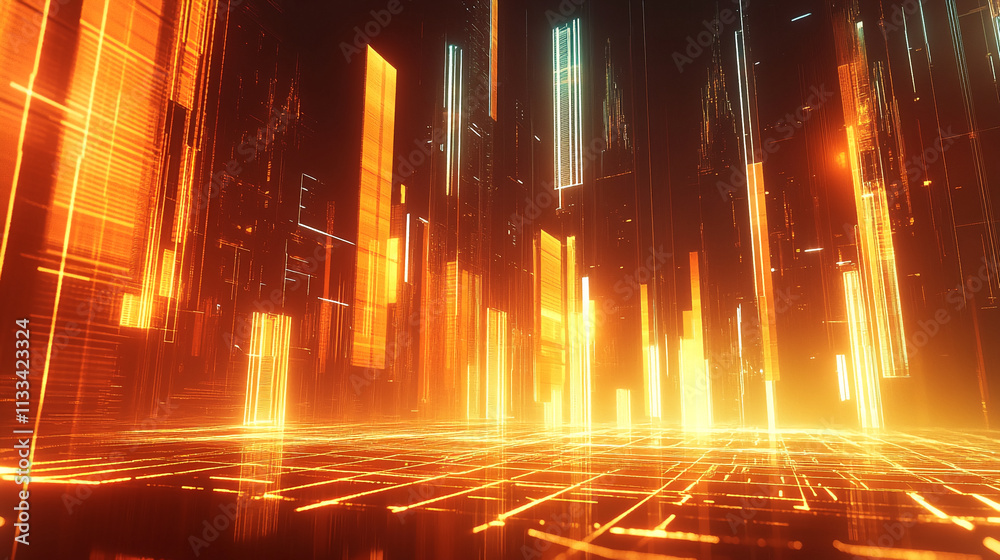 Poster Abstract digital landscape featuring glowing lines and bars with warm color tones in a futuristic setting during nighttime