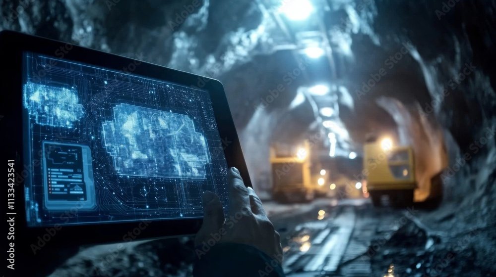 Poster a miner inspects digital data on a tablet while surveying a gemstone-rich underground tunnel. bright