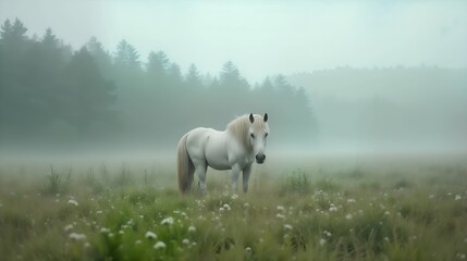 Fototapeta premium A white horse grazes in a misty meadow