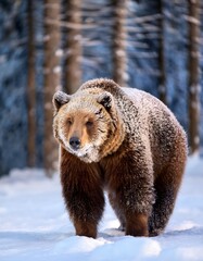 Fototapeta premium Brown bear covered in frost, standing amidst snowy woods, looking strong and powerful