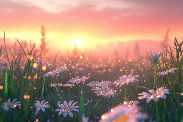 Naklejka premium A morning meadow with dew-covered flowers and a soft sunrise casting pink and orange light over the landscape.