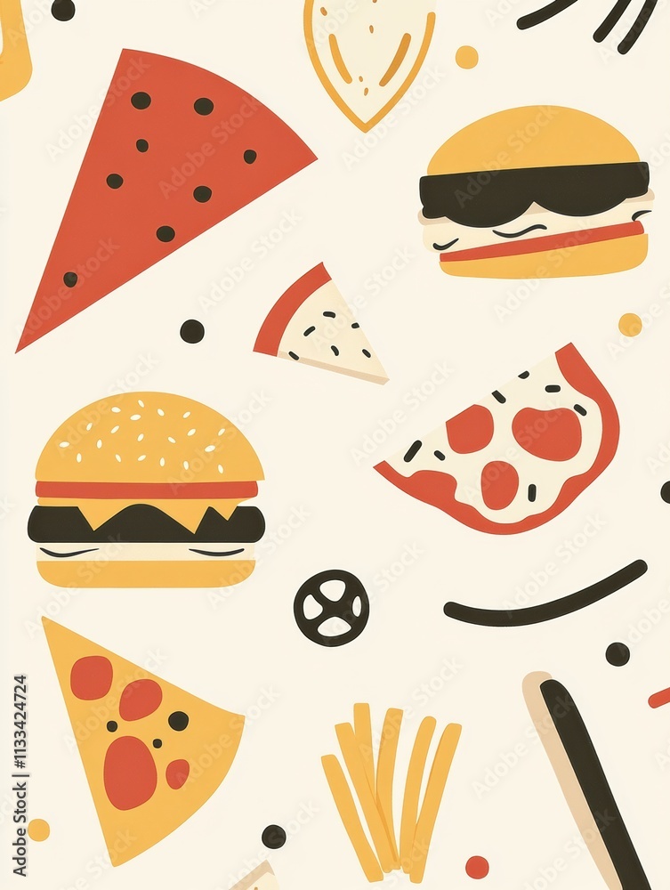 Poster various abstract silhouettes display burgers, pizza slices, and fries, creating a playful and vibran