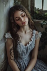 Fototapeta premium A serene portrait of a young woman lost in thought, exuding tranquility and beauty.