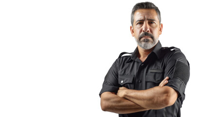 Fototapeta premium Mexican middle age male security guard uniform, confident and arms crossed on white background