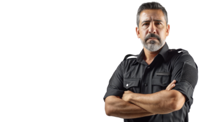 Mexican middle age male security guard uniform, confident and arms crossed on white background