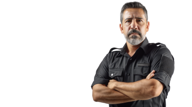 Mexican middle age male security guard uniform, confident and arms crossed on white background