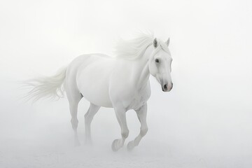 Obraz premium A striking white horse gallops gracefully through fog.