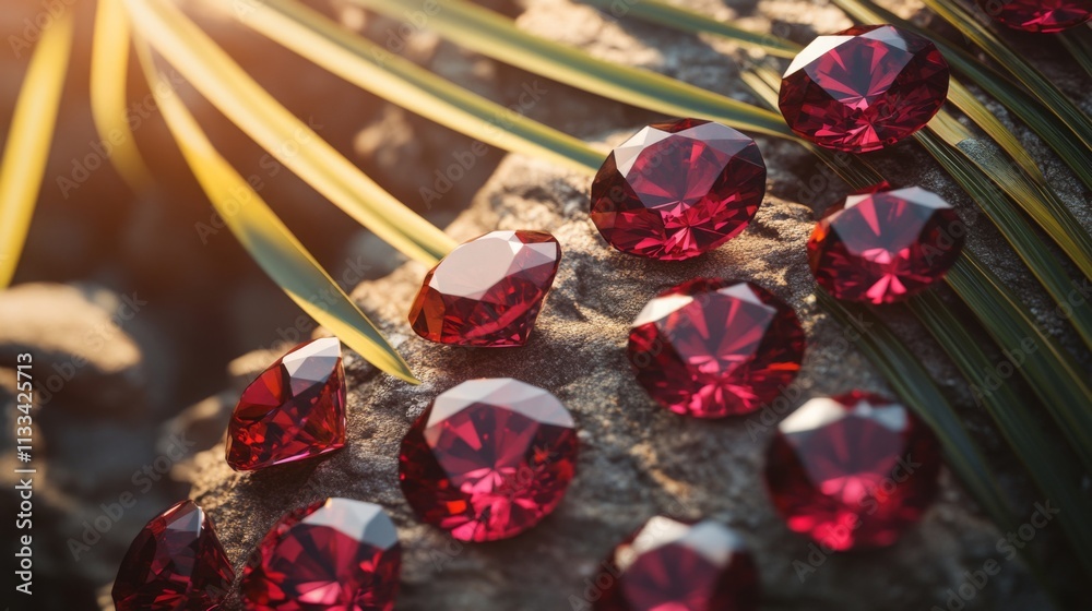 Aufkleber sparkling gemstones in vivid red hues are meticulously arranged on a rugged surface surrounded by gr
