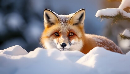 Obraz premium Fox peeking out from deep snow, curious and alert, with a serene winter landscape behind