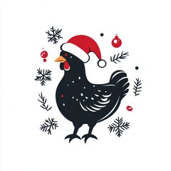 Fototapeta premium A minimalist illustration of a black chicken wearing a Santa hat, surrounded by snowflakes, festive ornaments, and stylized branches