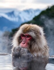 Fototapeta premium Japanese macaque relaxing in a hot spring, steam rising around, holding its face with snowy mountains in the background