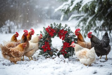 A group of chickens gather around a festive Christmas wreath adorned with red poinsettias, pinecones, and snow in a snowy outdoor setting