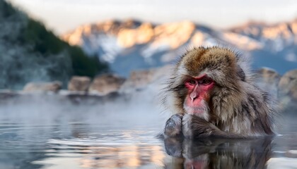 Fototapeta premium Japanese macaque relaxing in a hot spring, steam rising around, holding its face with snowy mountains in the background