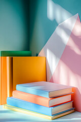 Colorful collection of books arranged with vibrant geometry and soft shadows in a well-lit space