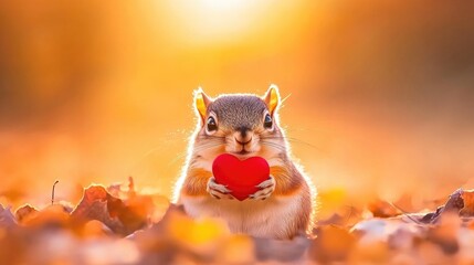 Fototapeta premium Cute squirrel holding red heart in autumn sunlight. The 14th of February. Happy Valentine's Day