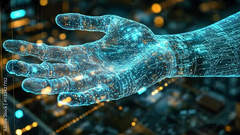 Poster advanced holographic hand displaying intricate circuitry patterns in a futuristic city environment