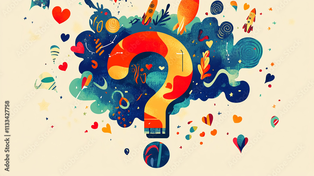 Poster colorful question mark surrounded by whimsical designs representing curiosity and creativity in a pl