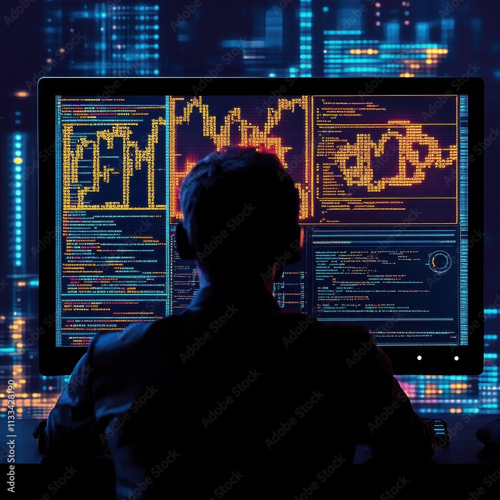 Poster silhouette of a male computer analyst focused on data visualization in a high-tech environment.