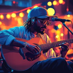 Obraz premium A male musician of African descent passionately plays acoustic guitar under vibrant lights, creating a lively atmosphere.